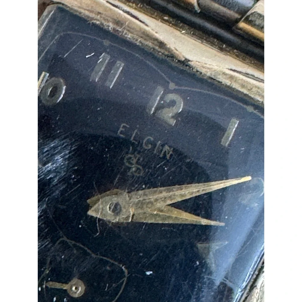 Vintage Elgin Square Black‎ Dial Manual Wind Watch Gold Filled Expansion Band